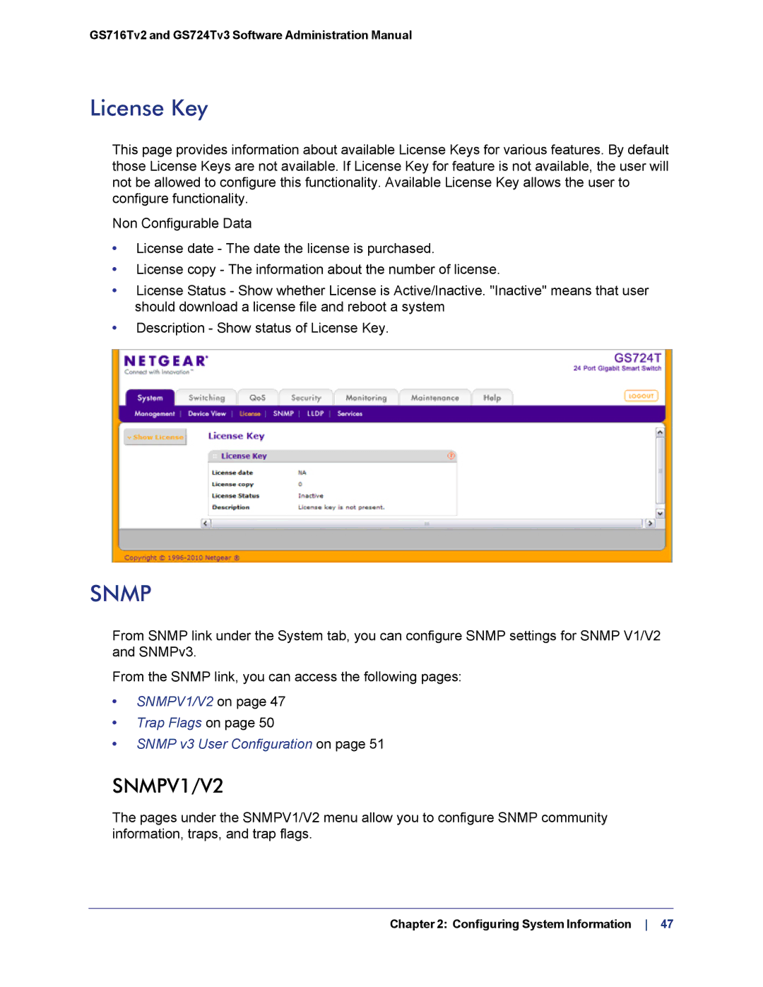 NETGEAR GS724TS-100NAS manual License Key, Snmp 