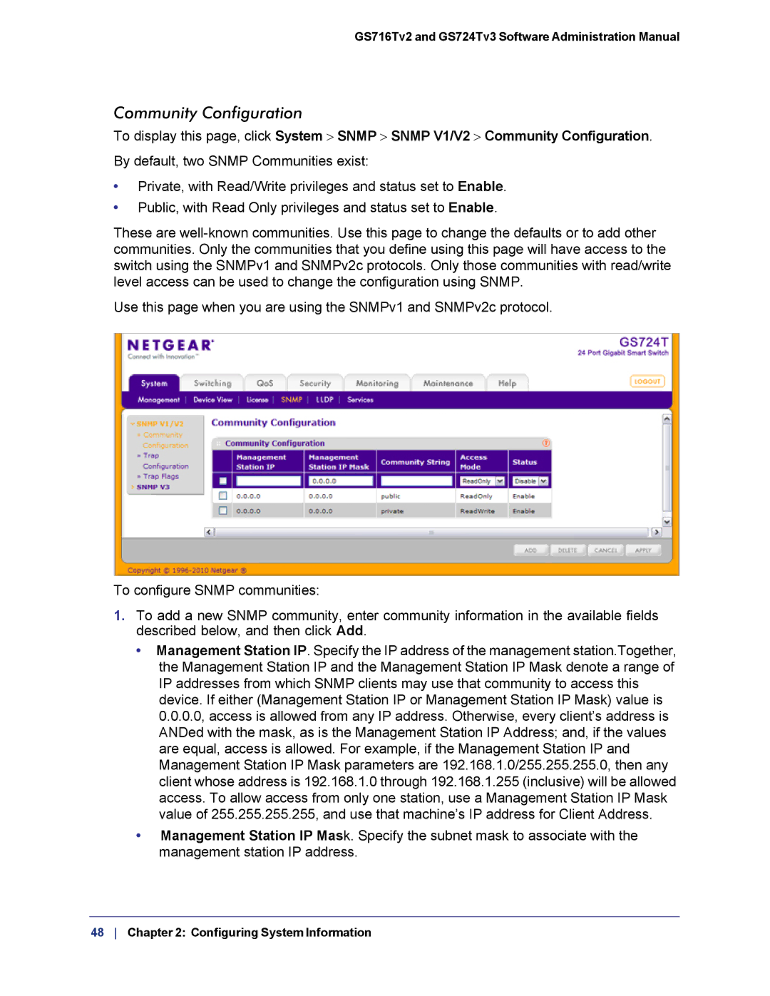 NETGEAR GS724TS-100NAS manual Community Configuration 