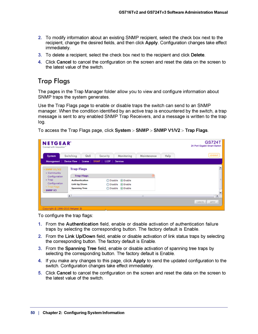 NETGEAR GS724TS-100NAS manual Trap Flags 