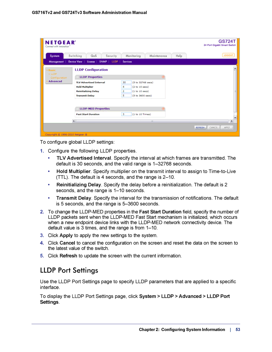 NETGEAR GS724TS-100NAS manual Lldp Port Settings 