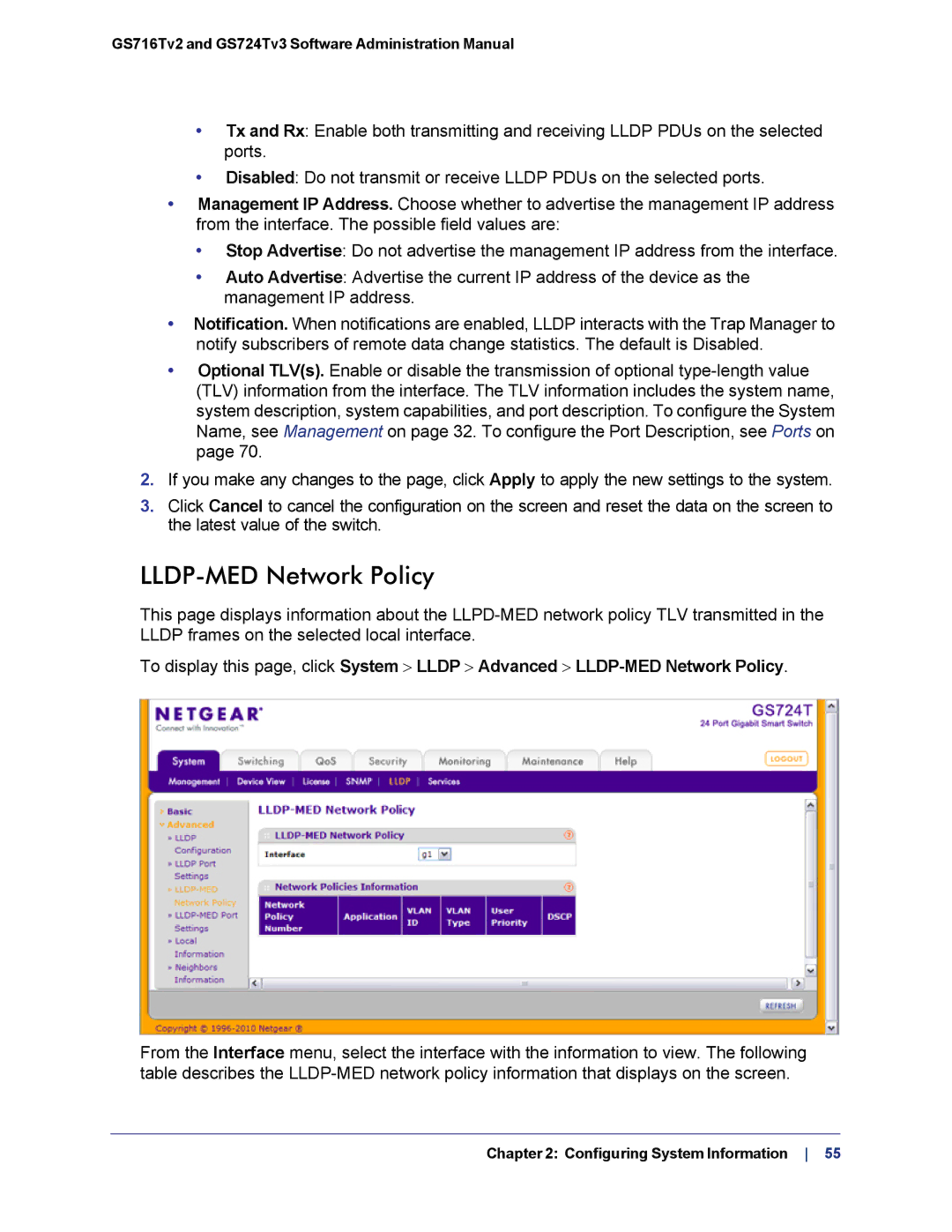 NETGEAR GS724TS-100NAS manual LLDP-MED Network Policy 