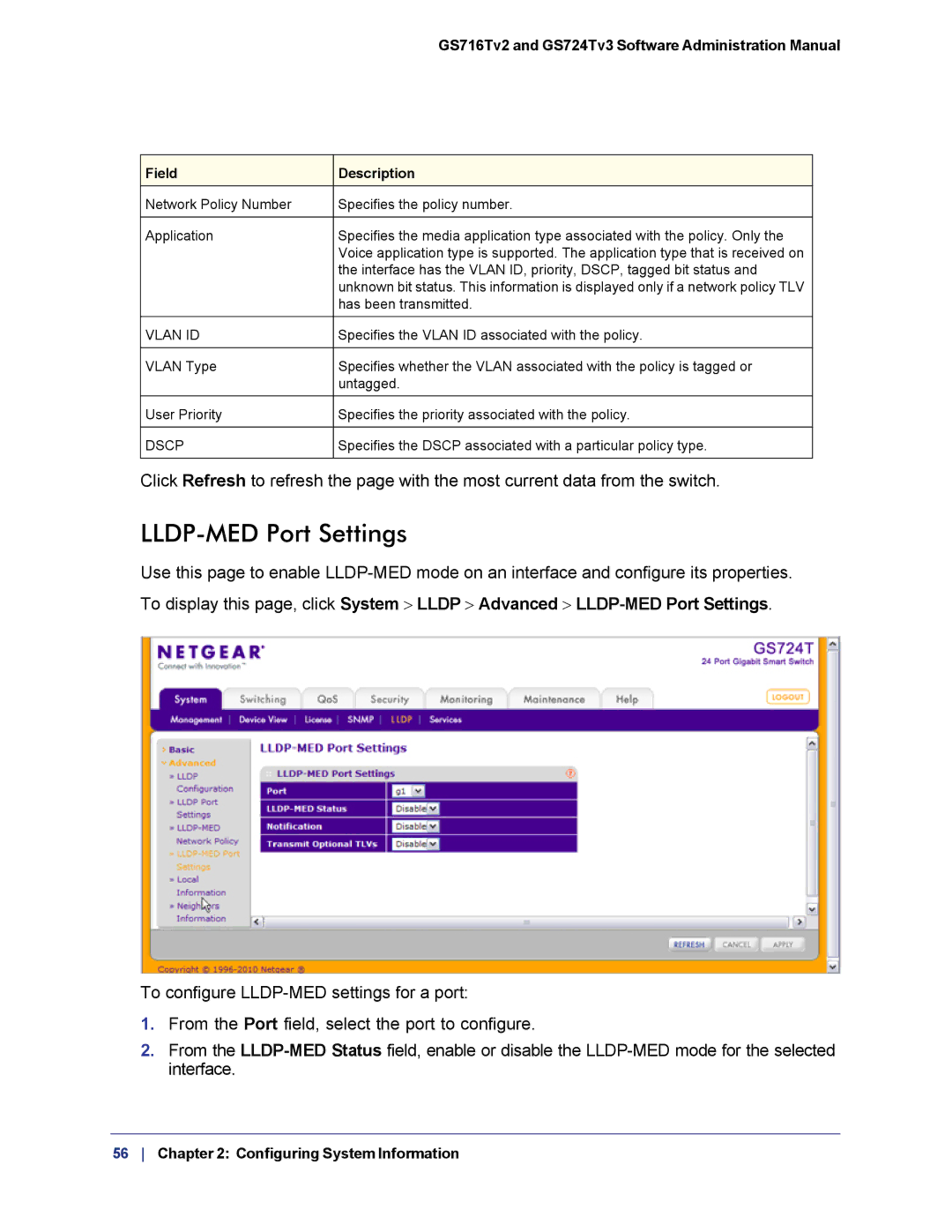 NETGEAR GS724TS-100NAS manual LLDP-MED Port Settings, Vlan ID 