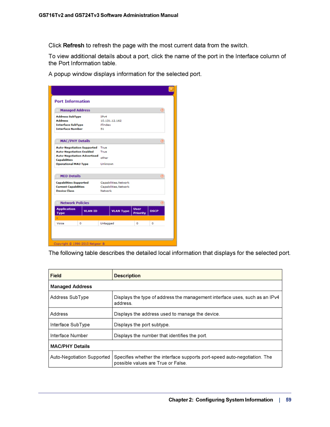 NETGEAR GS724TS-100NAS manual Field Description Managed Address 