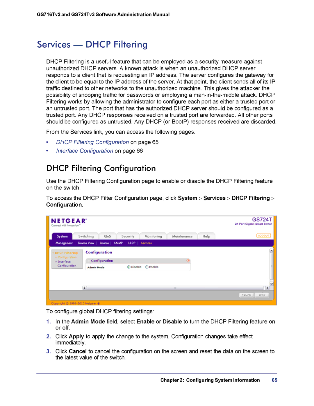 NETGEAR GS724TS-100NAS manual Services Dhcp Filtering, Dhcp Filtering Configuration 