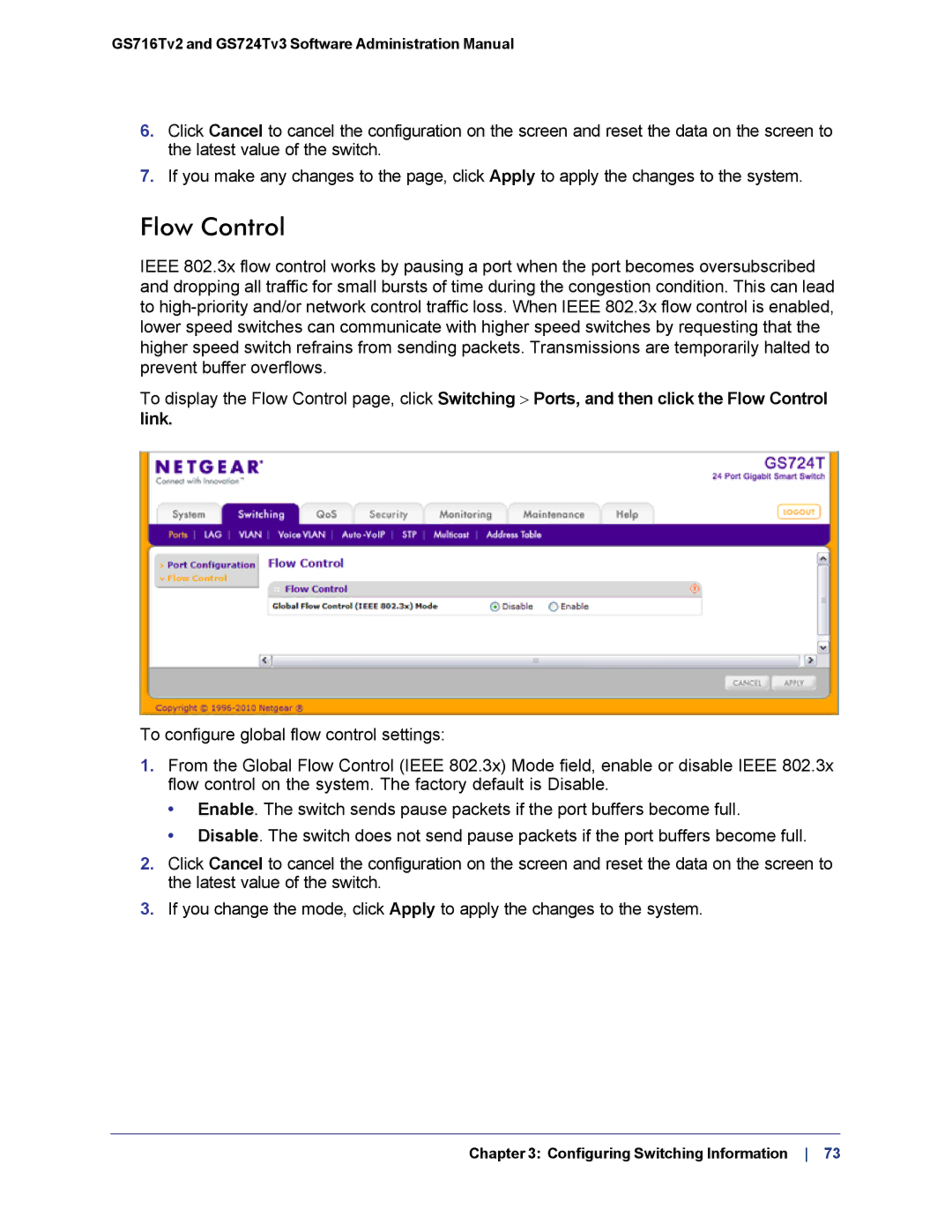 NETGEAR GS724TS-100NAS manual Flow Control 