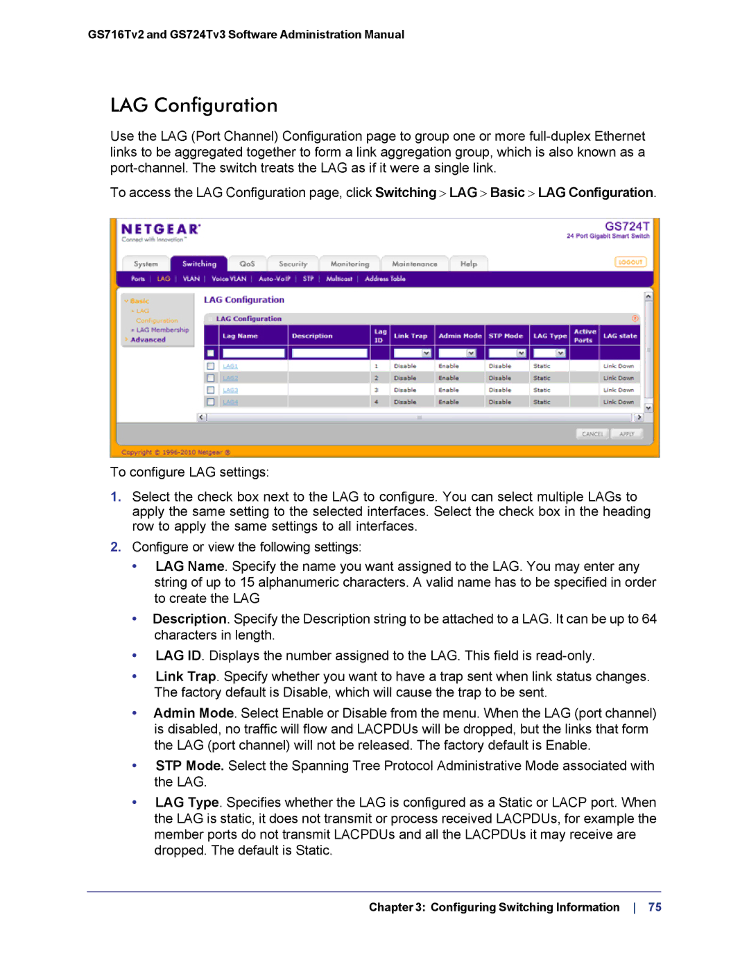 NETGEAR GS724TS-100NAS manual LAG Configuration 