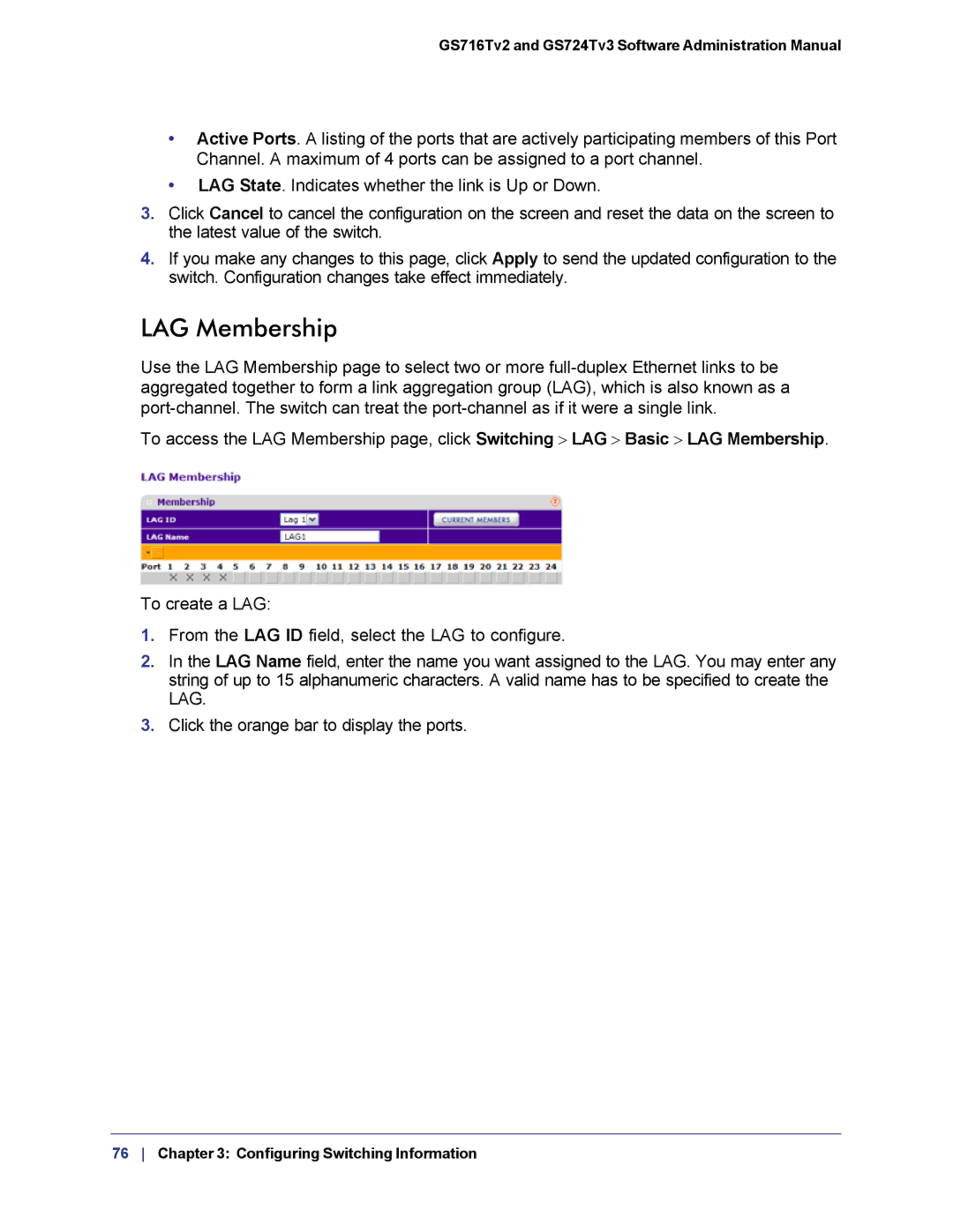 NETGEAR GS724TS-100NAS manual LAG Membership 