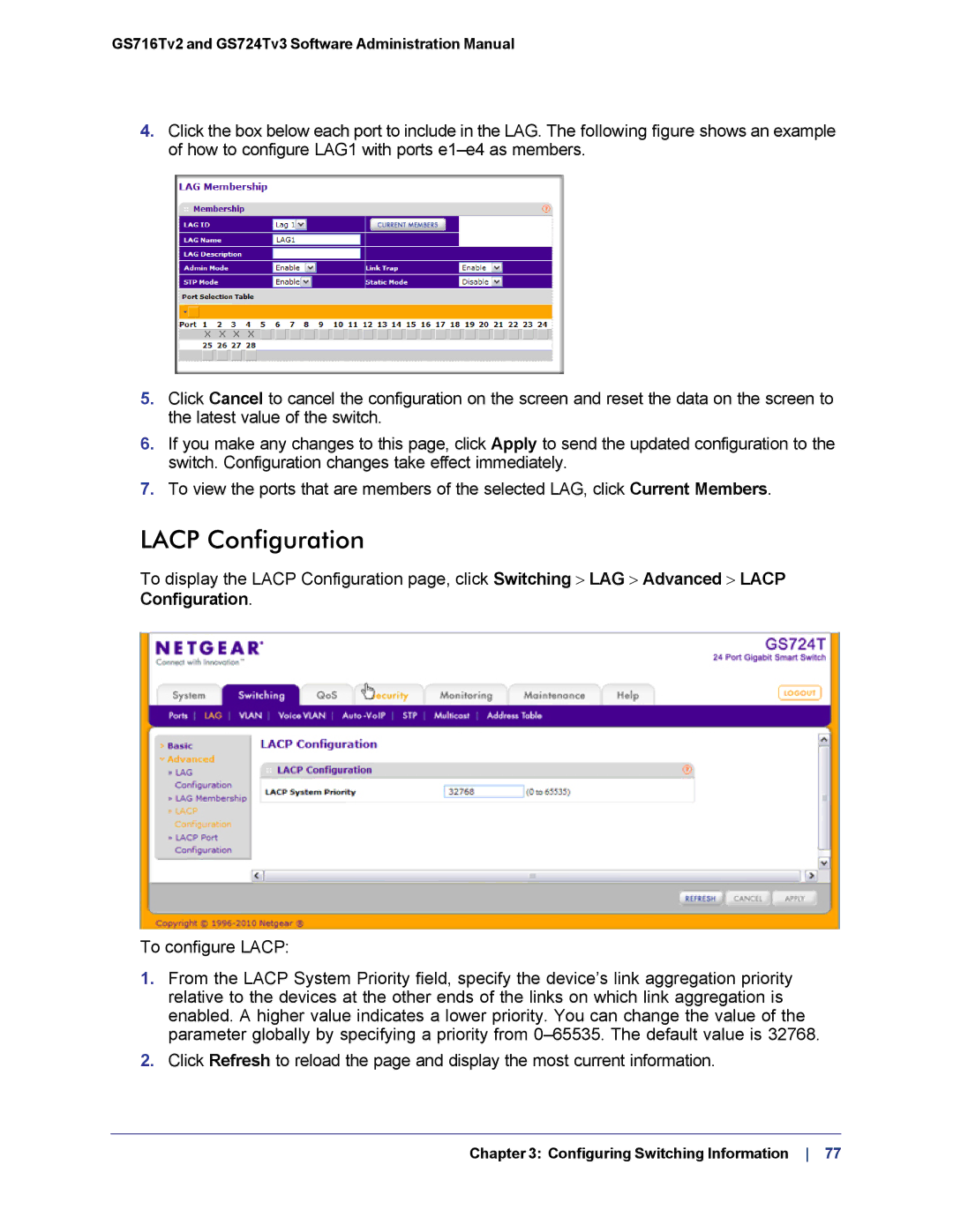 NETGEAR GS724TS-100NAS manual Lacp Configuration 