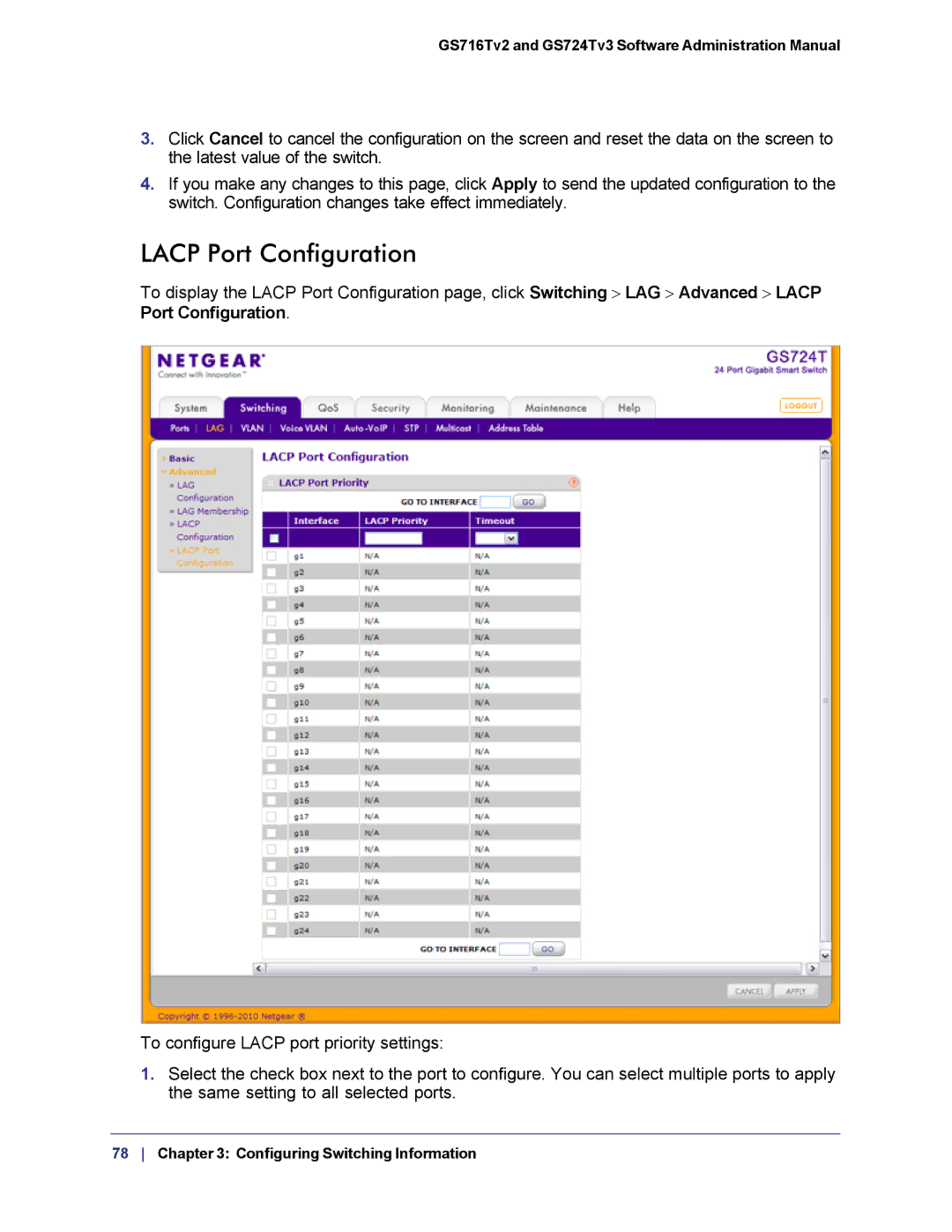 NETGEAR GS724TS-100NAS manual Lacp Port Configuration 