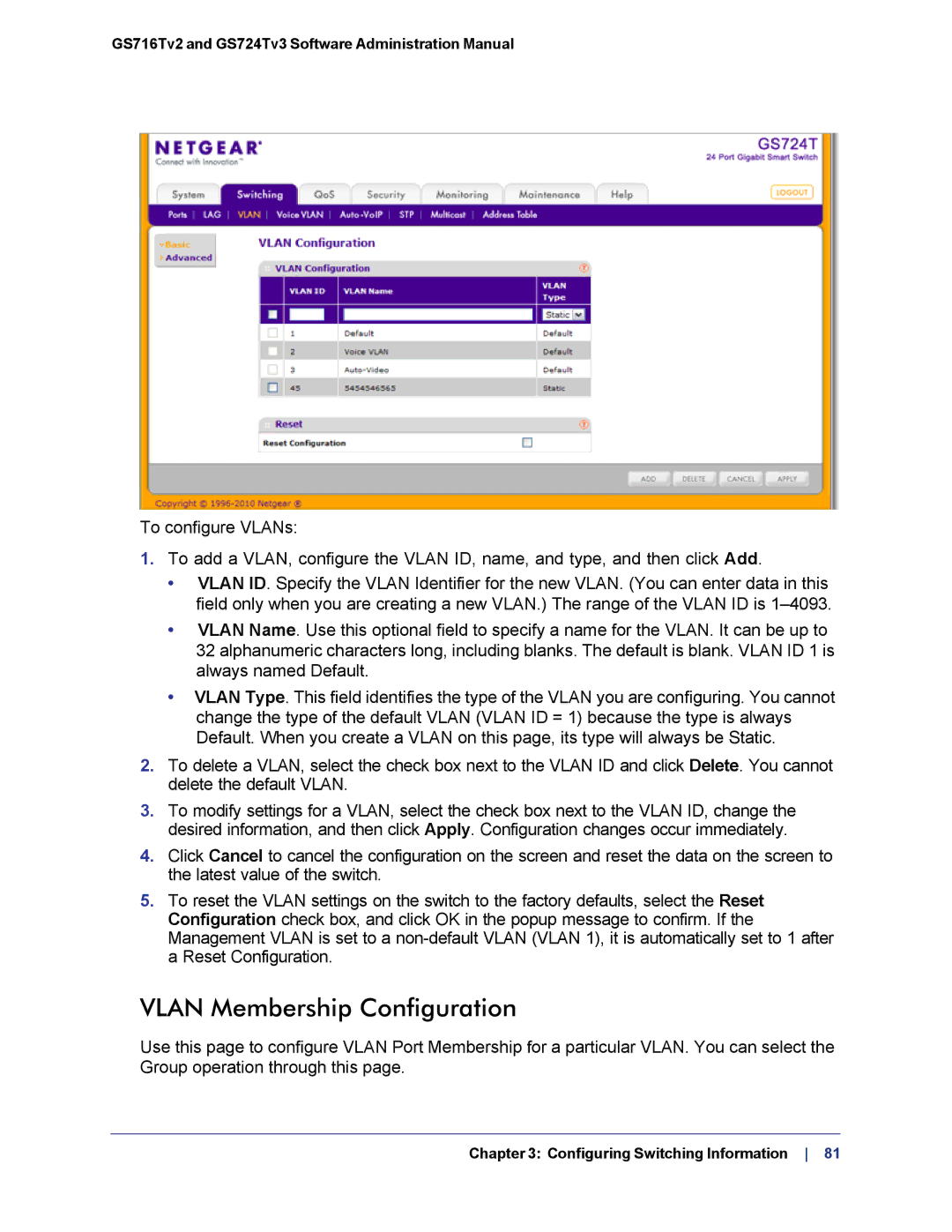 NETGEAR GS724TS-100NAS manual Vlan Membership Configuration 