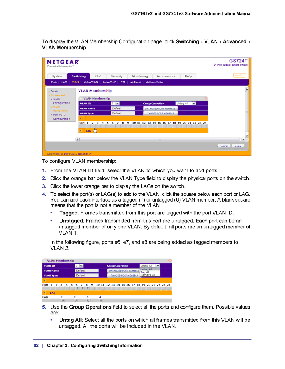 NETGEAR GS724TS-100NAS manual Vlan Membership 