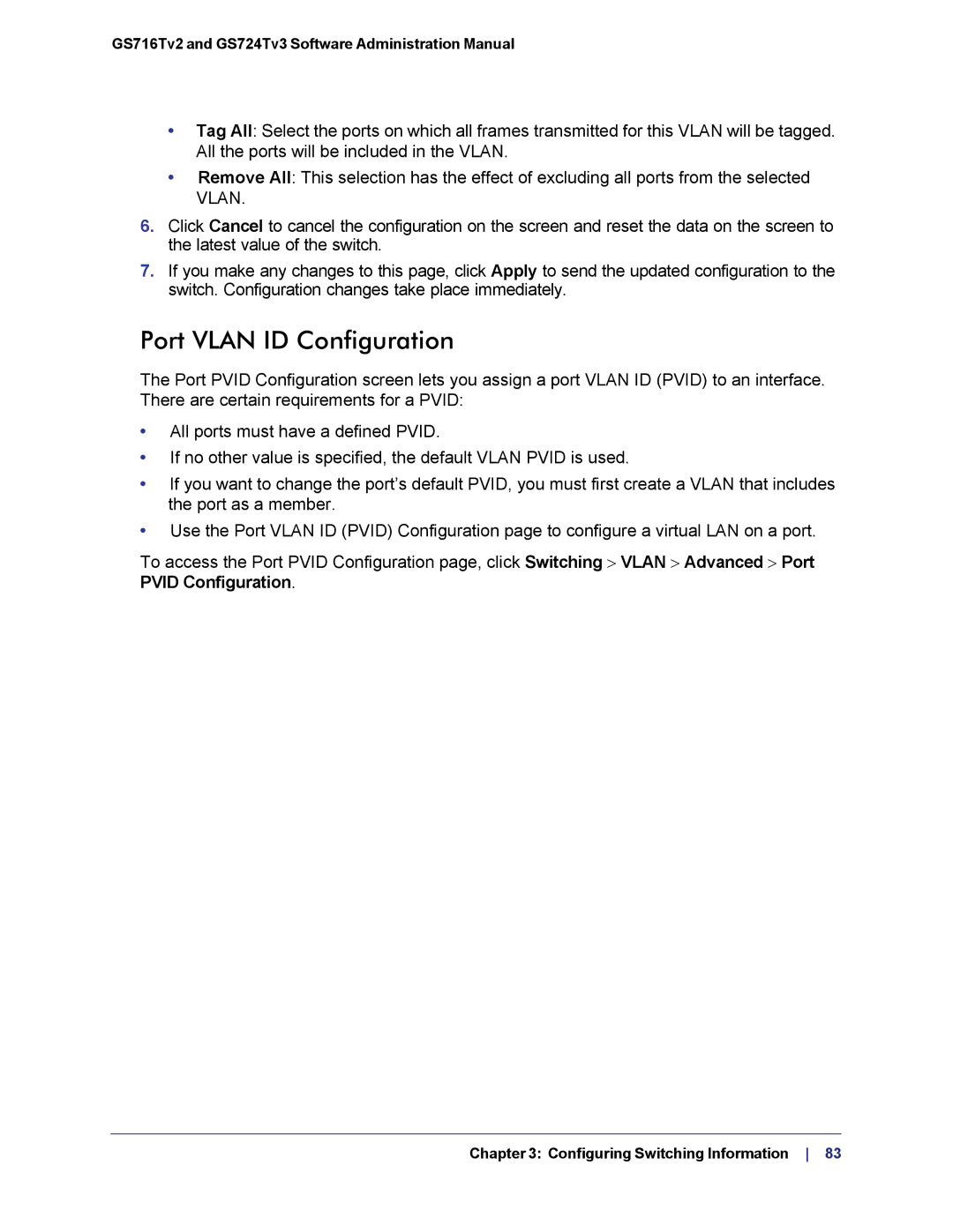 NETGEAR GS724TS-100NAS manual Port Vlan ID Configuration 