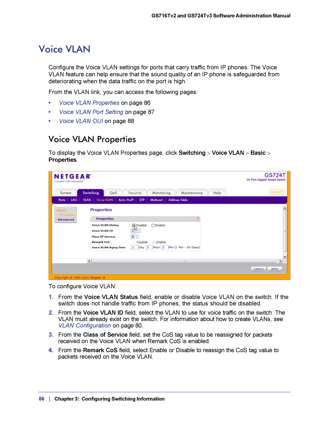 NETGEAR GS724TS-100NAS manual Voice Vlan Properties 