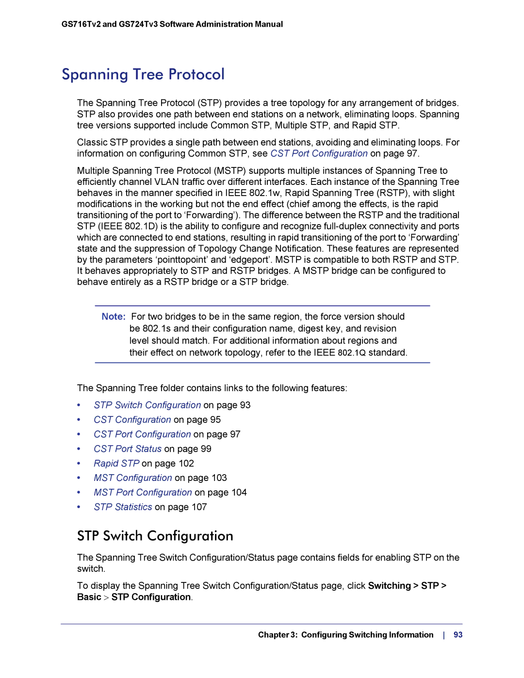 NETGEAR GS724TS-100NAS manual Spanning Tree Protocol, STP Switch Configuration 