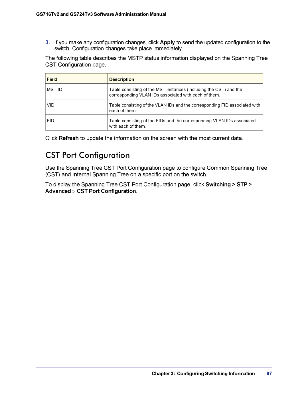 NETGEAR GS724TS-100NAS manual CST Port Configuration 