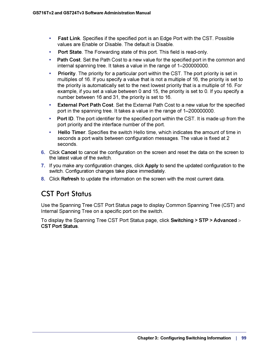 NETGEAR GS724TS-100NAS manual CST Port Status 