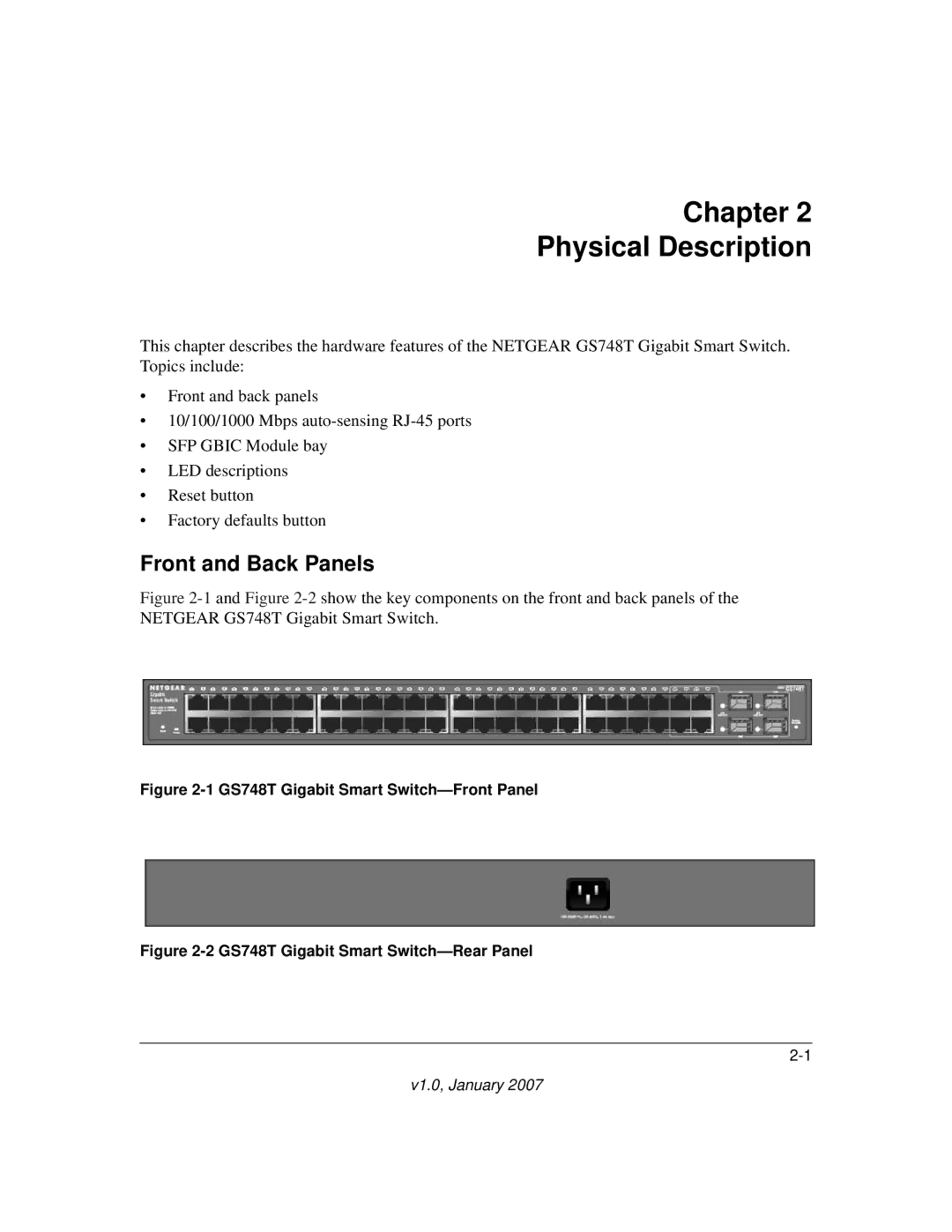 NETGEAR GS748T manual Chapter Physical Description, Front and Back Panels 