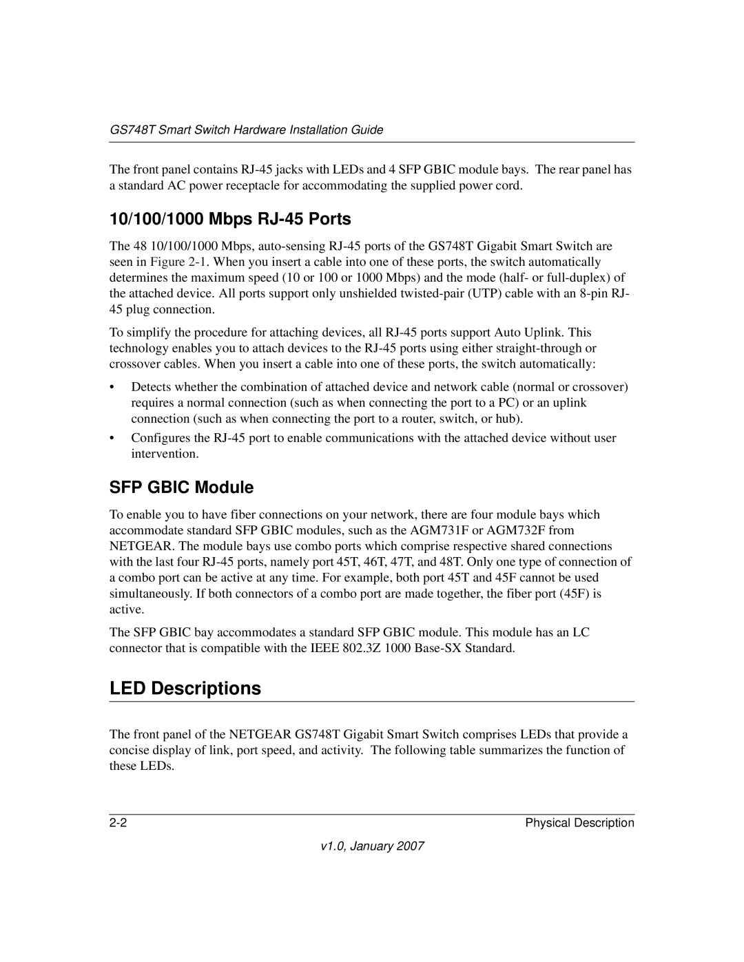 NETGEAR GS748T manual LED Descriptions, 10/100/1000 Mbps RJ-45 Ports, SFP Gbic Module 