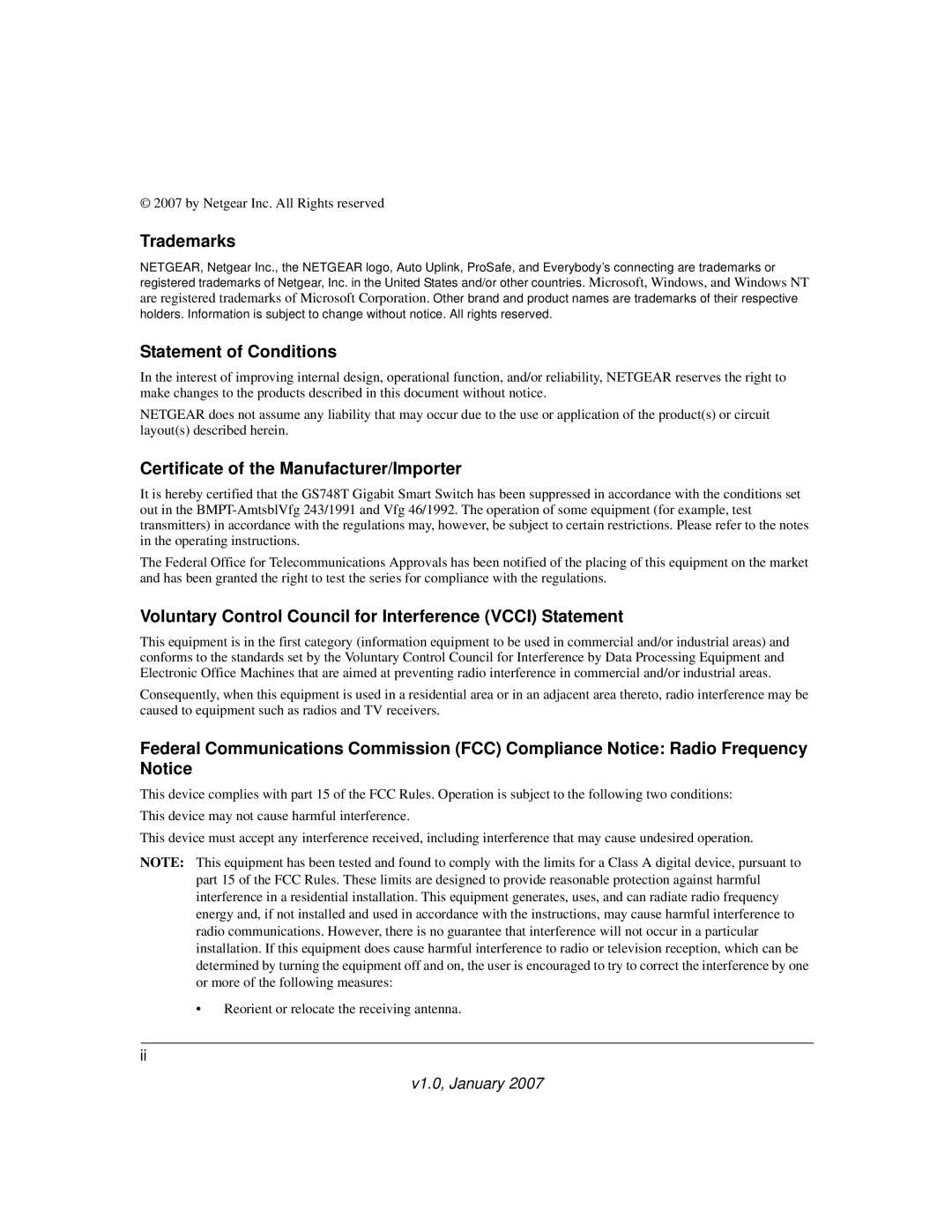 NETGEAR GS748T manual Trademarks, Statement of Conditions, Certificate of the Manufacturer/Importer 