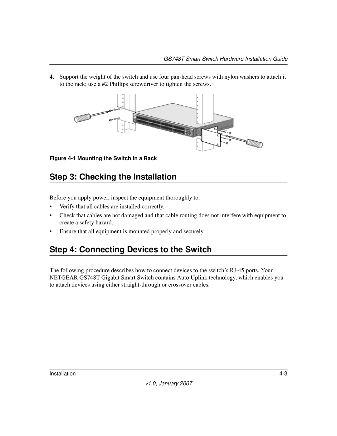 NETGEAR GS748T manual Checking the Installation, Connecting Devices to the Switch 