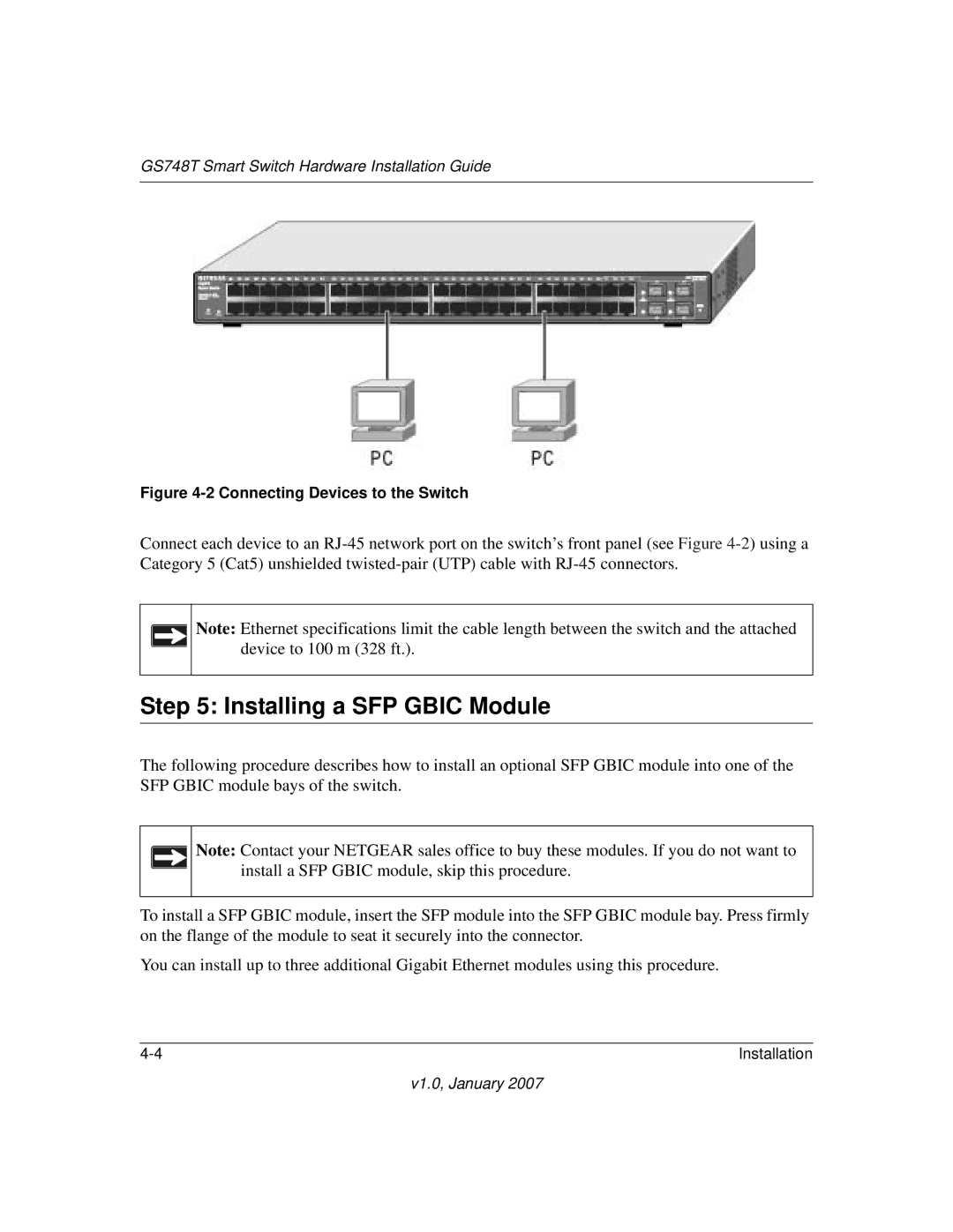 NETGEAR GS748T manual Installing a SFP Gbic Module, Connecting Devices to the Switch 