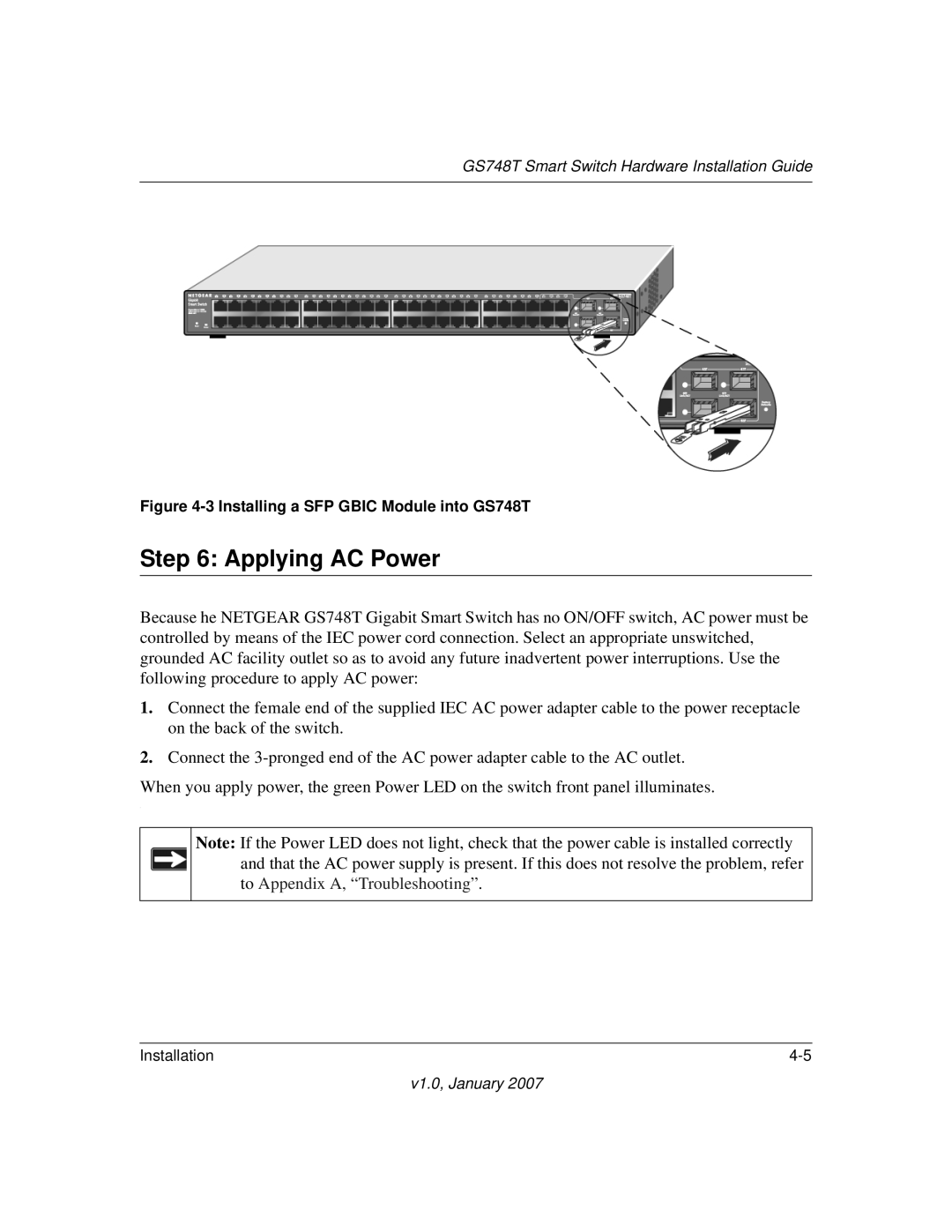 NETGEAR manual Applying AC Power, Installing a SFP Gbic Module into GS748T 