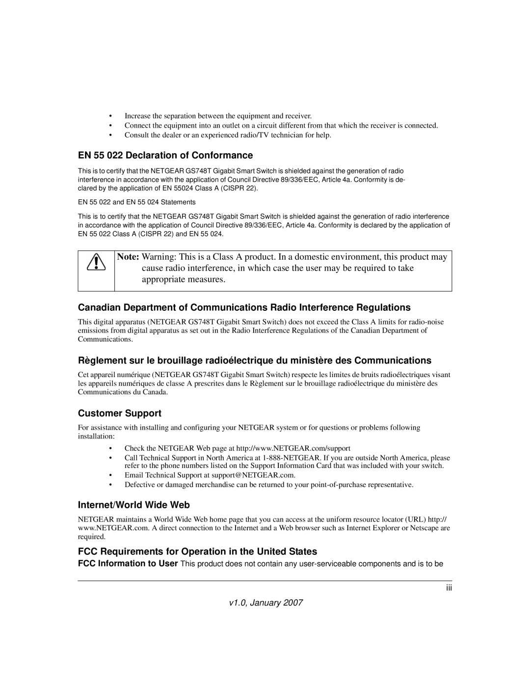 NETGEAR GS748T manual EN 55 022 Declaration of Conformance, Customer Support 