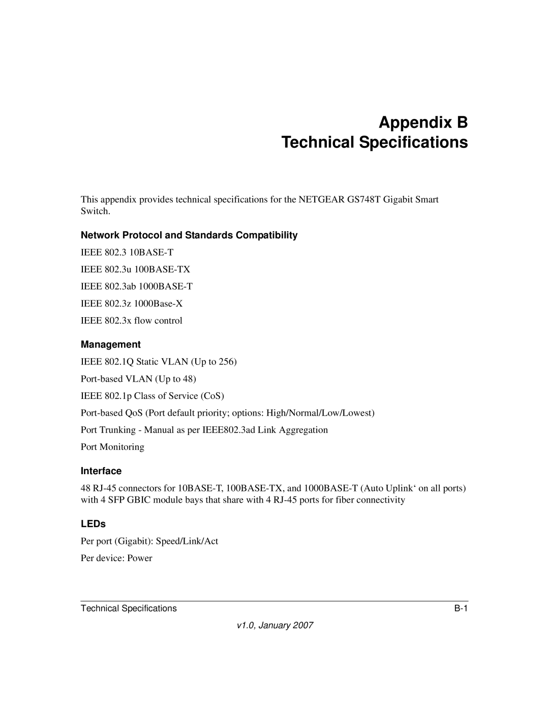 NETGEAR GS748T Appendix B Technical Specifications, Network Protocol and Standards Compatibility, Management, Interface 