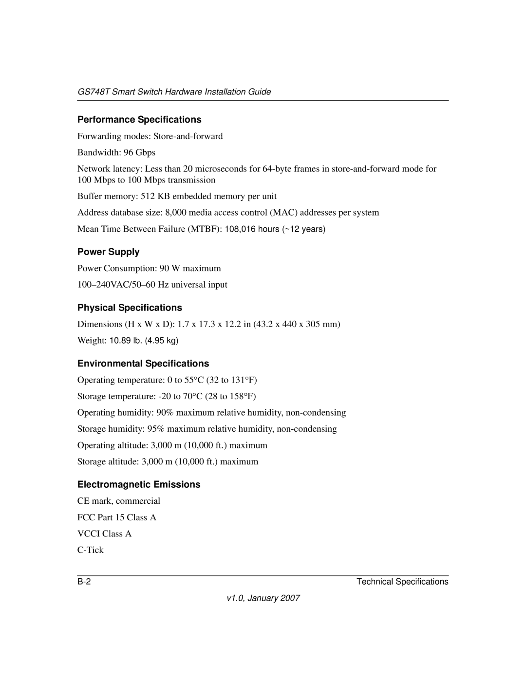 NETGEAR GS748T manual Performance Specifications, Power Supply, Physical Specifications, Environmental Specifications 