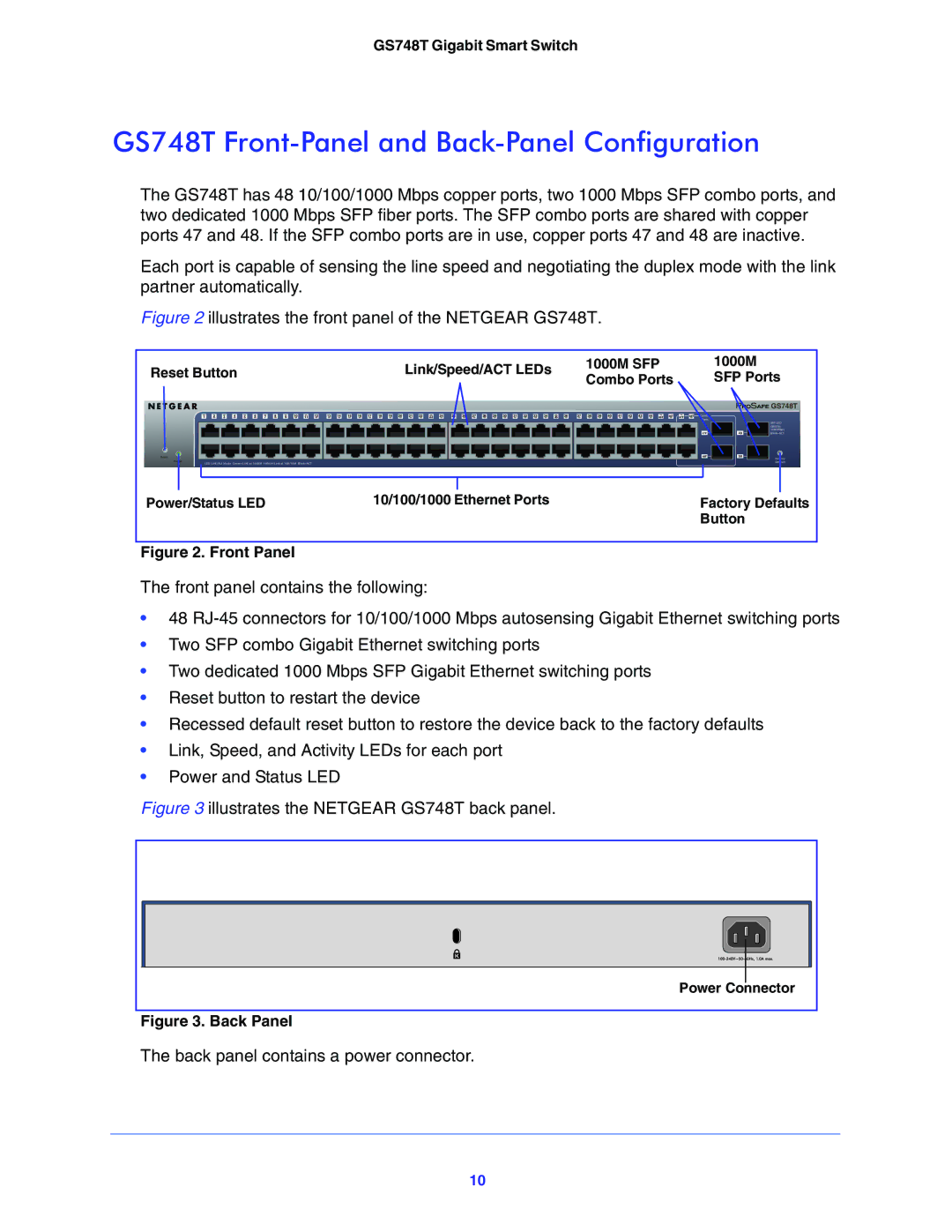 NETGEAR manual GS748T Front-Panel and Back-Panel Configuration 