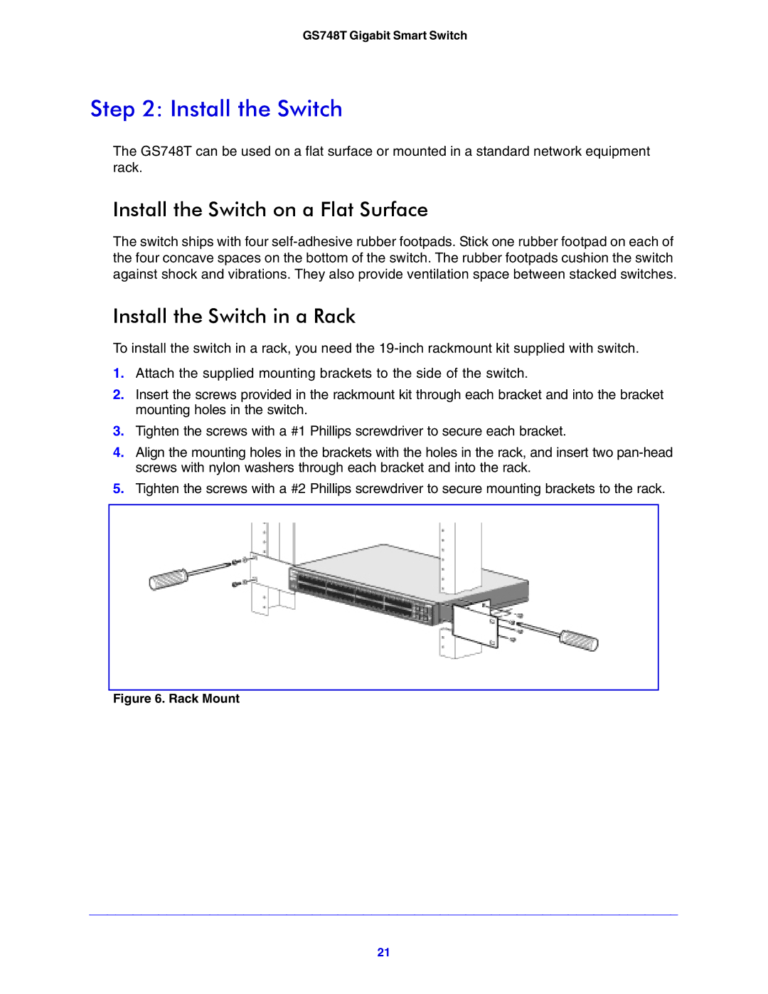 NETGEAR GS748T manual Install the Switch on a Flat Surface, Install the Switch in a Rack 