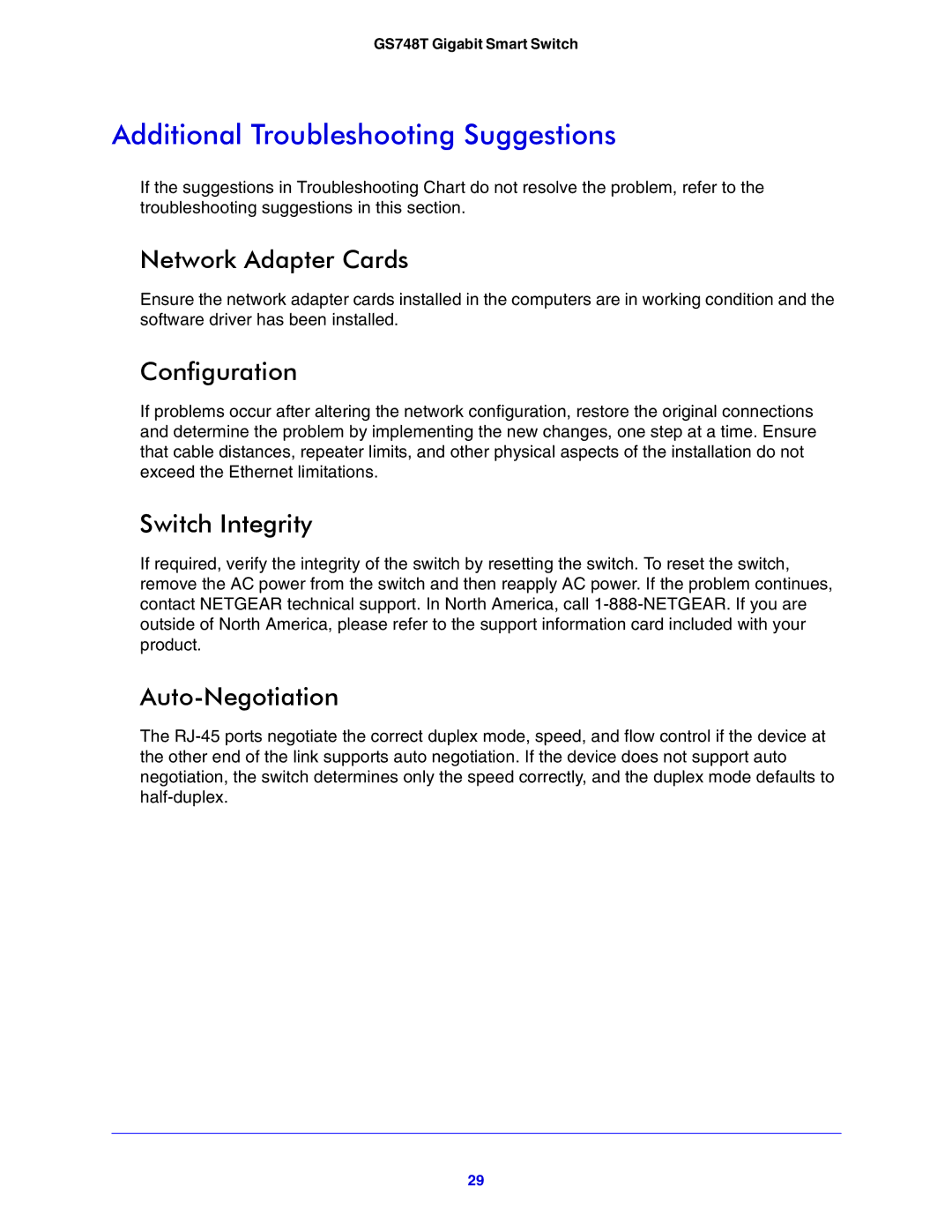 NETGEAR GS748T manual Additional Troubleshooting Suggestions, Network Adapter Cards, Configuration, Switch Integrity 