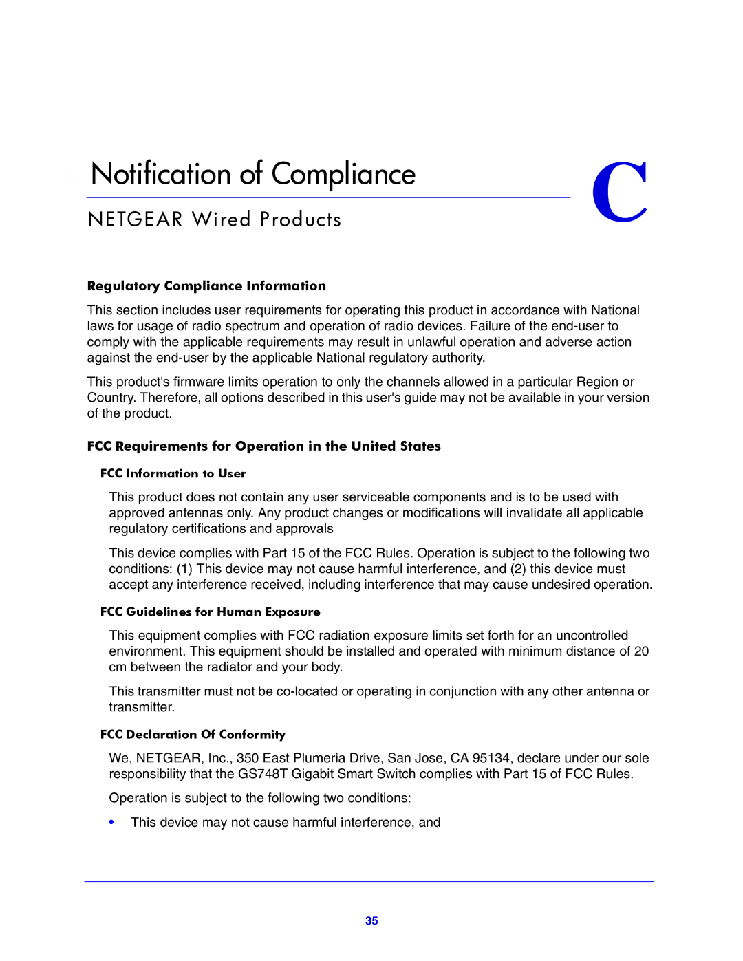 NETGEAR GS748T manual Notification of Compliance, Netgear Wired Products 