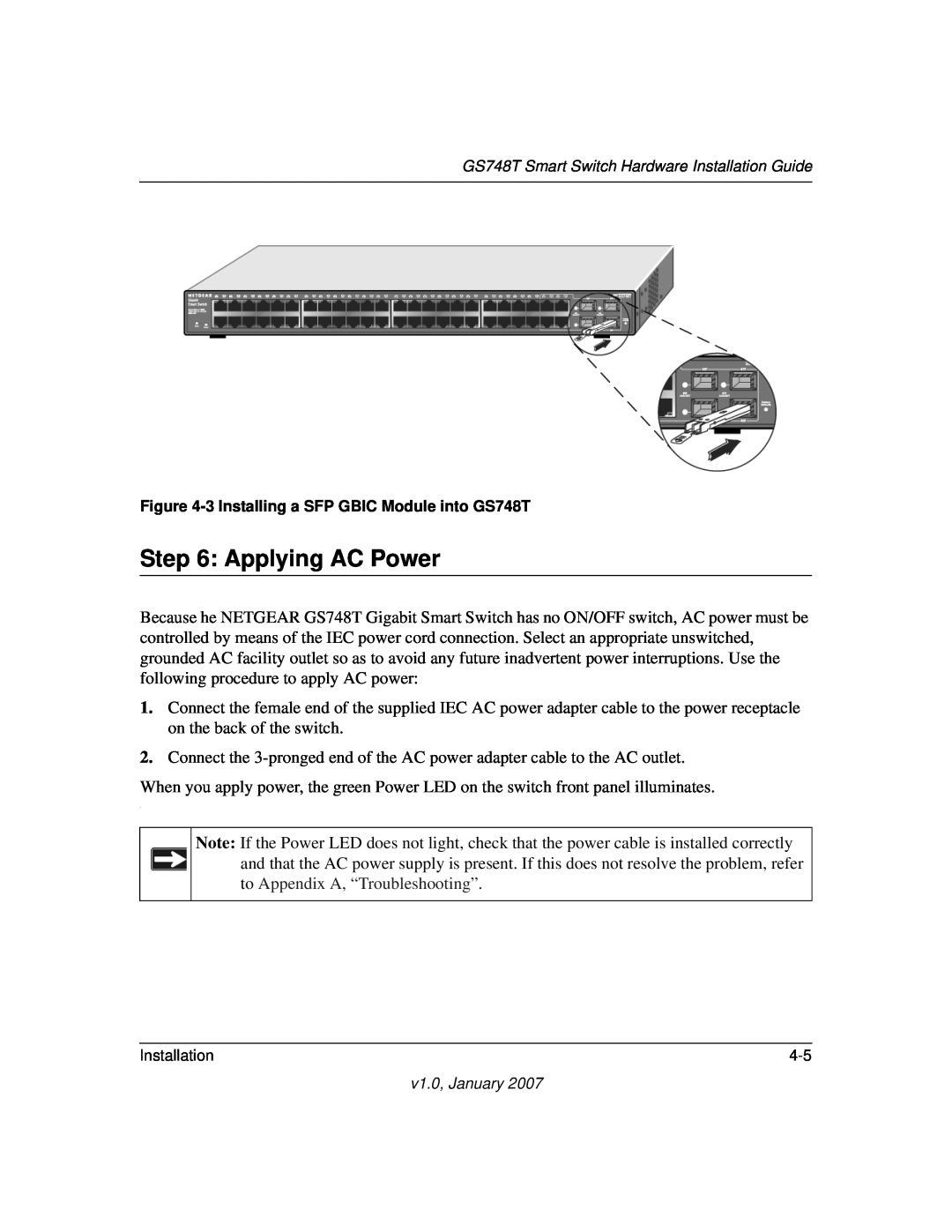 NETGEAR GS748T manual Applying AC Power, to Appendix A, “Troubleshooting” 