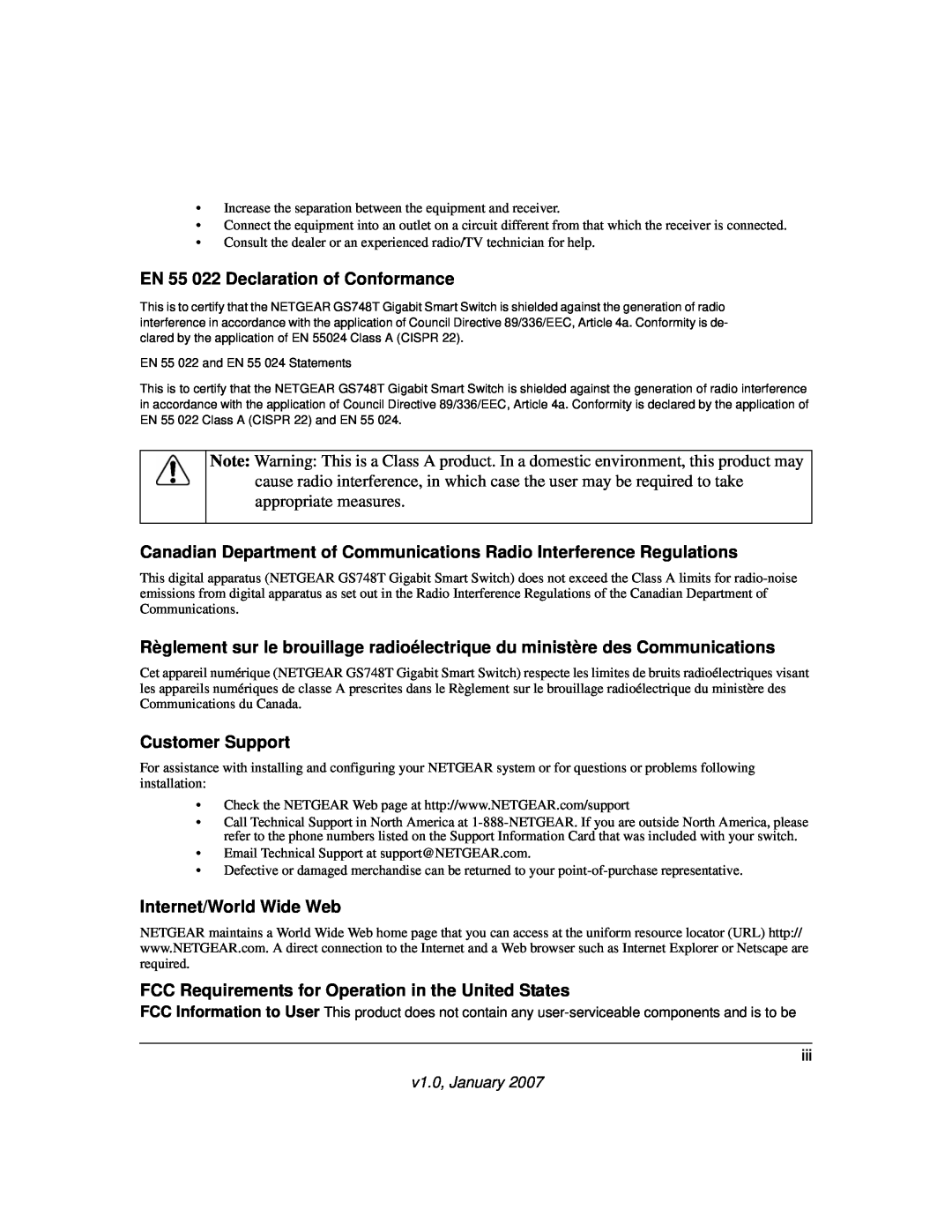 NETGEAR GS748T EN 55 022 Declaration of Conformance, Canadian Department of Communications Radio Interference Regulations 