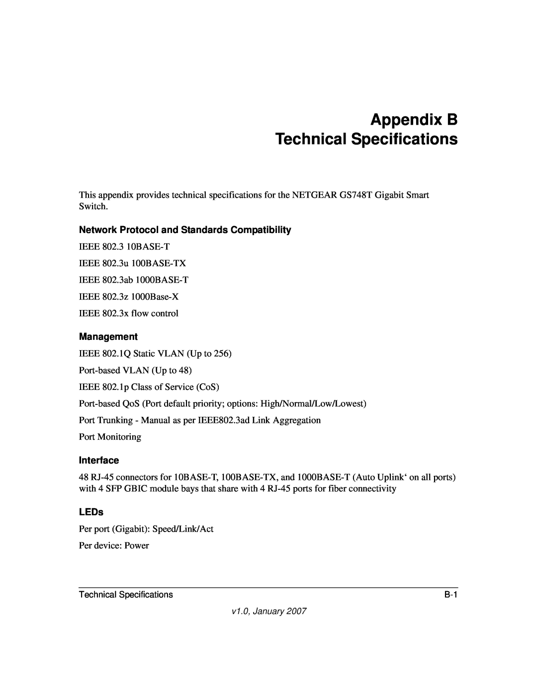 NETGEAR GS748T Appendix B Technical Specifications, Network Protocol and Standards Compatibility, Management, Interface 