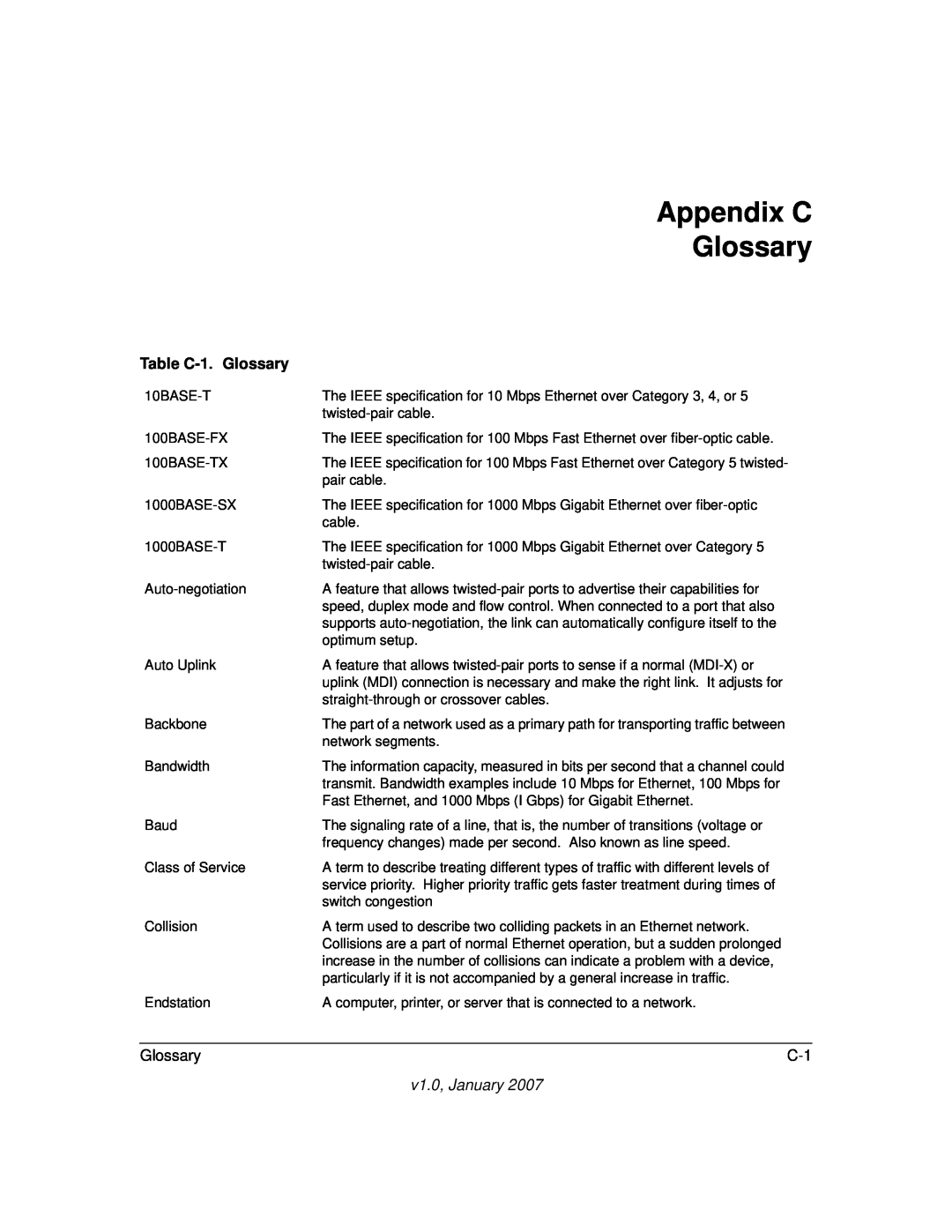 NETGEAR GS748T manual Appendix C Glossary, Table C-1. Glossary, v1.0, January 