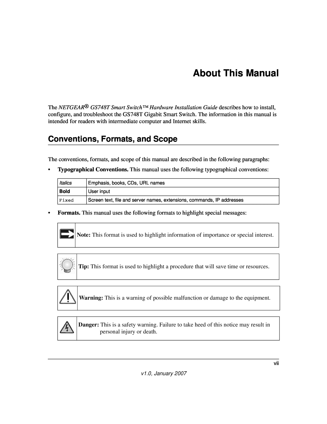 NETGEAR GS748T manual About This Manual, Conventions, Formats, and Scope 