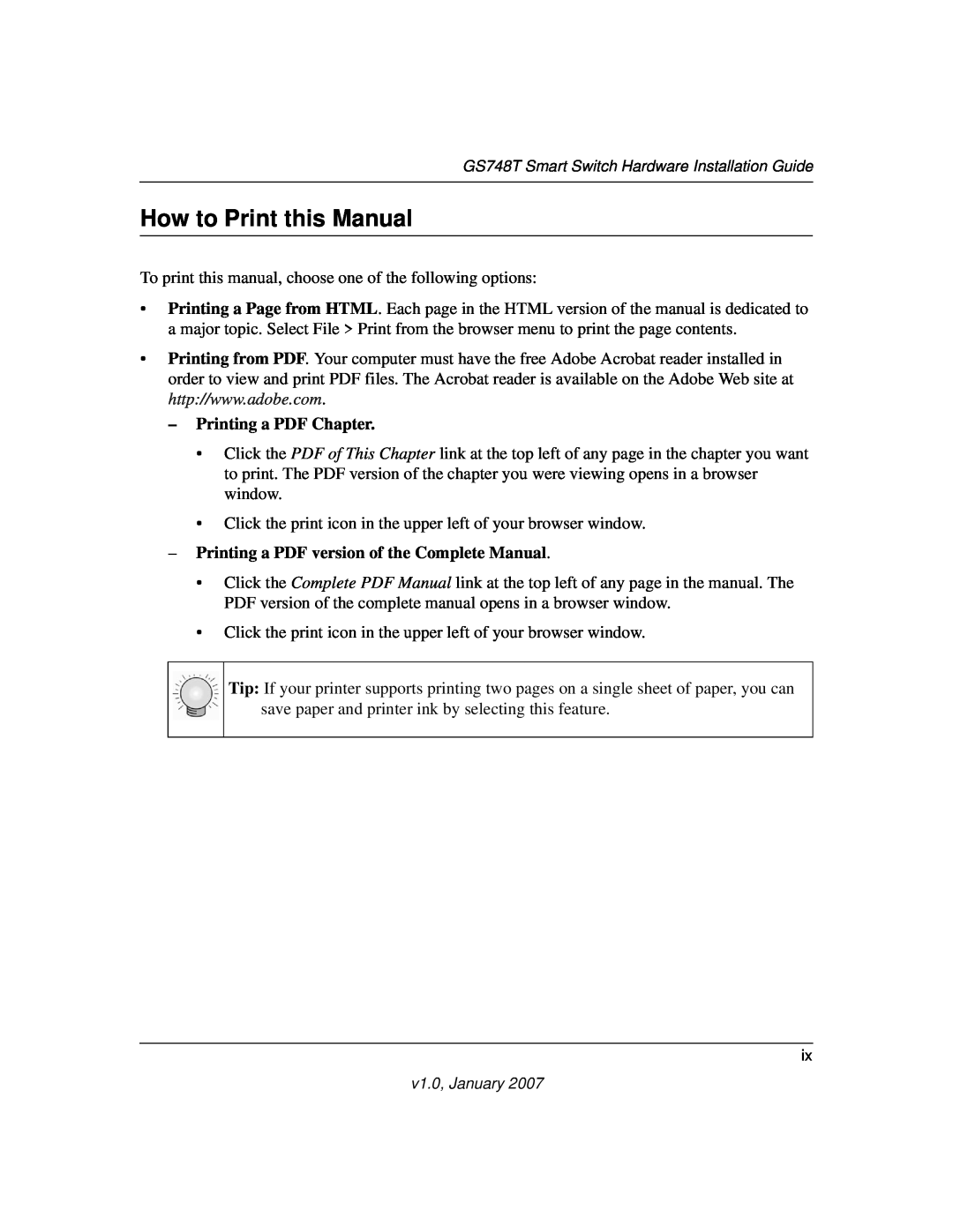 NETGEAR GS748T manual How to Print this Manual, Printing a PDF Chapter, Printing a PDF version of the Complete Manual 