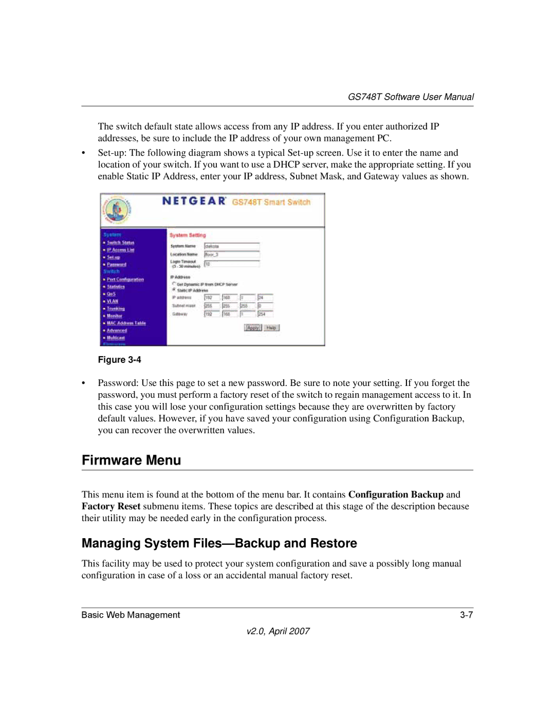 NETGEAR GS748TS-100NAS, GS748TNA user manual Firmware Menu, Managing System Files-Backup and Restore 