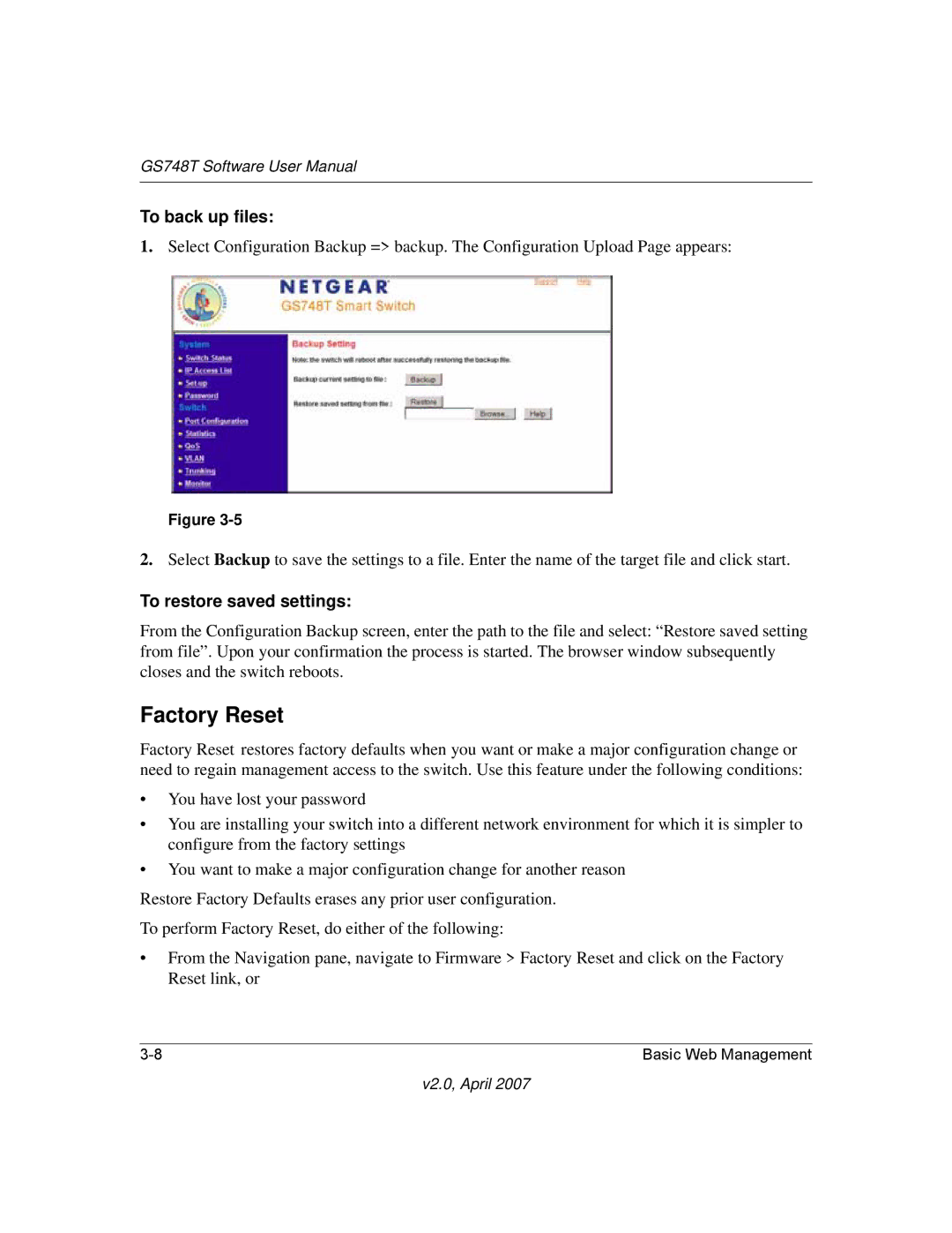 NETGEAR GS748TNA, GS748TS-100NAS user manual Factory Reset, To back up files, To restore saved settings 