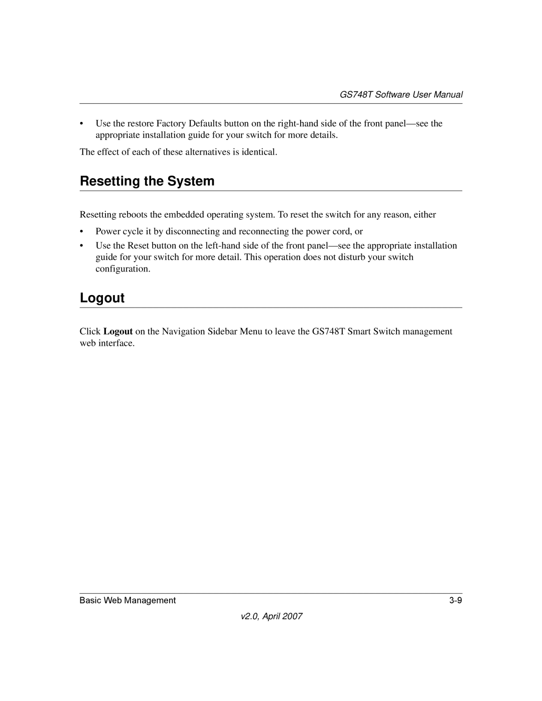 NETGEAR GS748TS-100NAS, GS748TNA user manual Resetting the System, Logout 