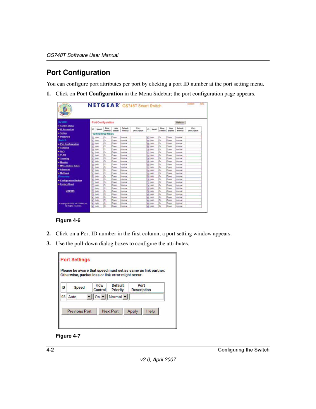 NETGEAR GS748TNA, GS748TS-100NAS user manual Port Configuration 