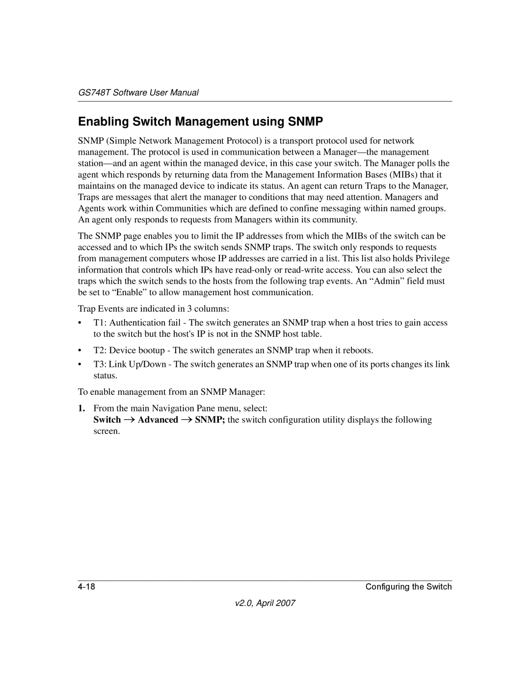 NETGEAR GS748TNA, GS748TS-100NAS user manual Enabling Switch Management using Snmp 