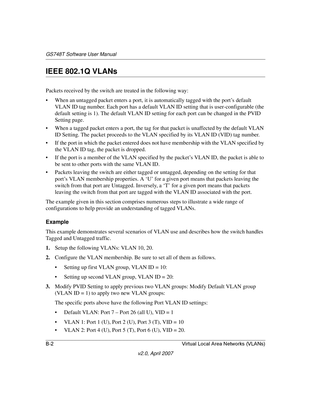 NETGEAR GS748TNA, GS748TS-100NAS user manual Ieee 802.1Q VLANs, Example 