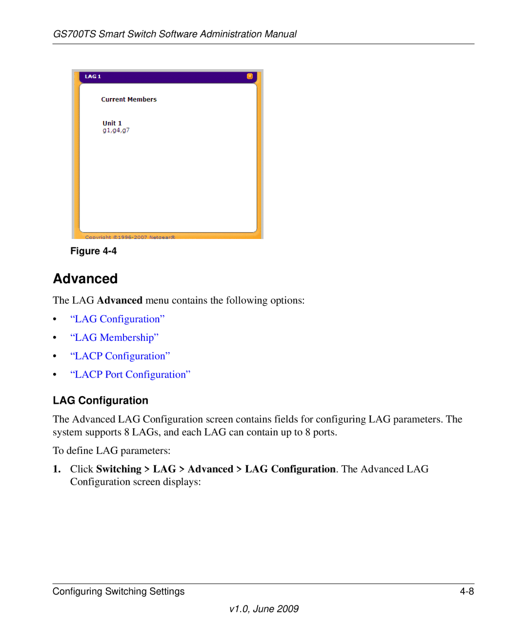 NETGEAR GS748TS manual LAG Advanced menu contains the following options 