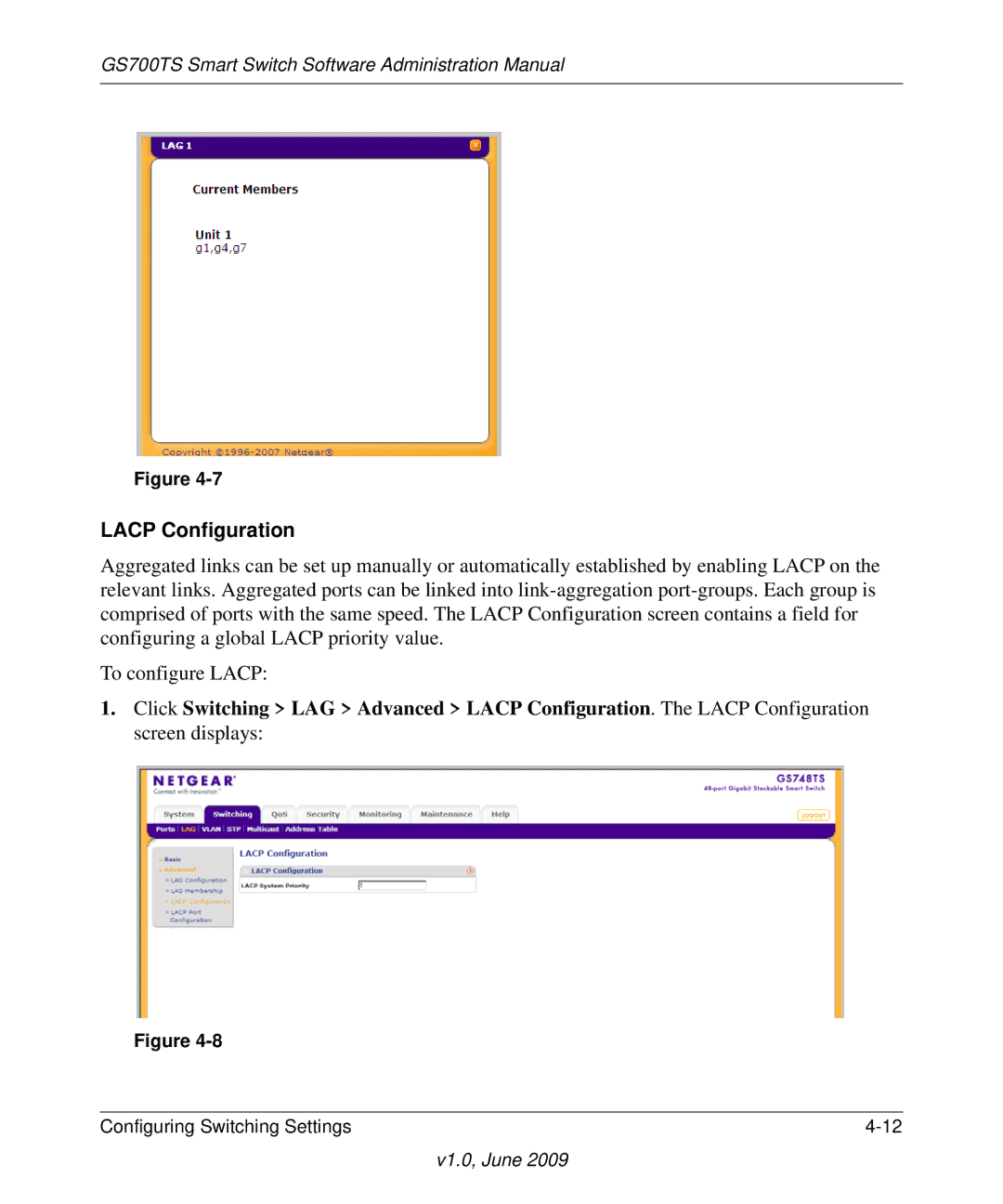 NETGEAR GS748TS manual Lacp Configuration 