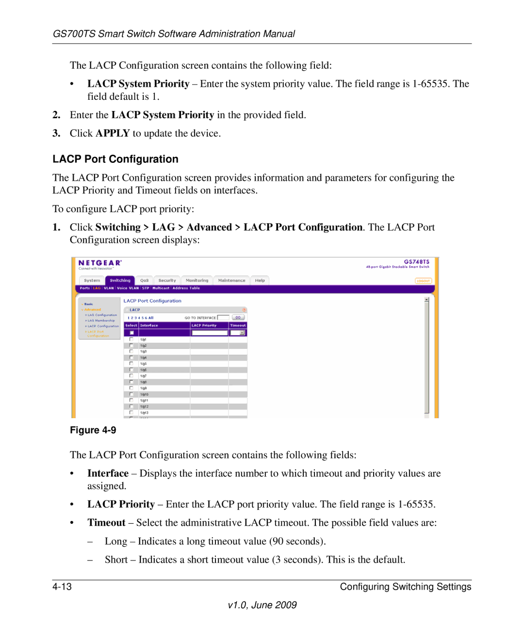 NETGEAR GS748TS manual Lacp Port Configuration 