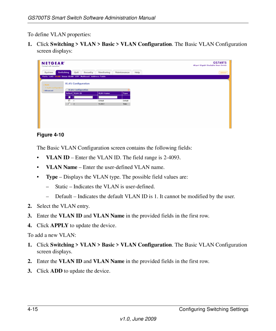 NETGEAR GS748TS manual To define Vlan properties 