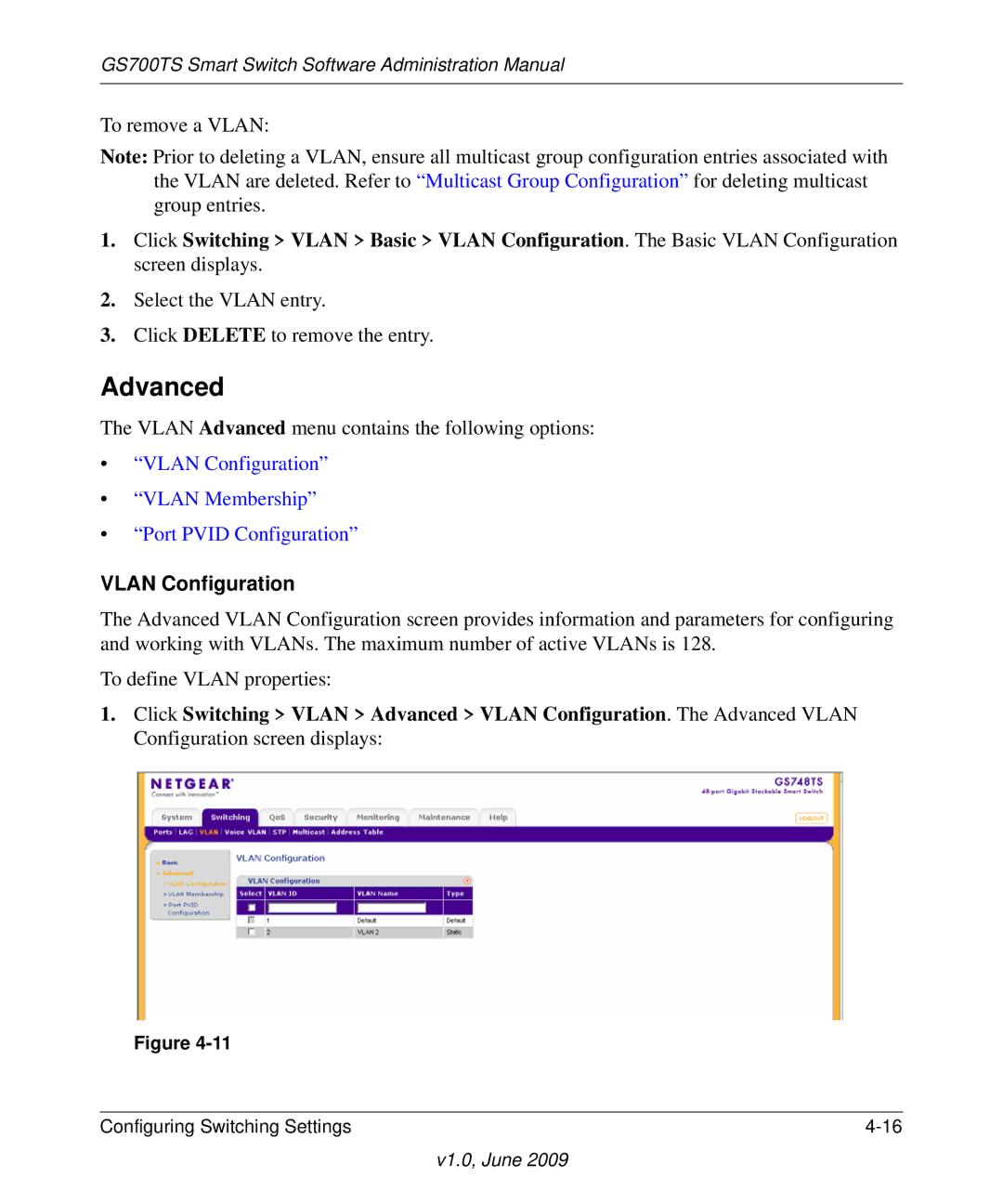 NETGEAR GS748TS manual Vlan Configuration Vlan Membership Port Pvid Configuration 